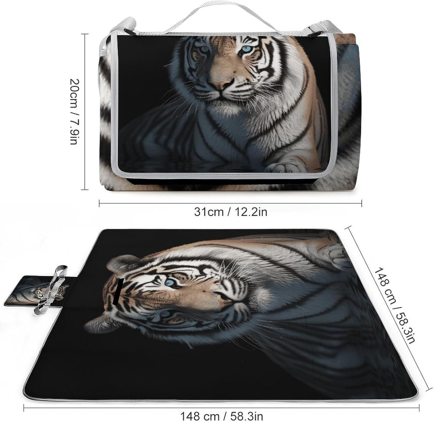 Animal Tiger Waterproof Picnic Blanket 58.3''x58.3'',Portable and Foldable Picnic Mat with Handle,Outdoor Blankets for Lawn Park Beach Travel
