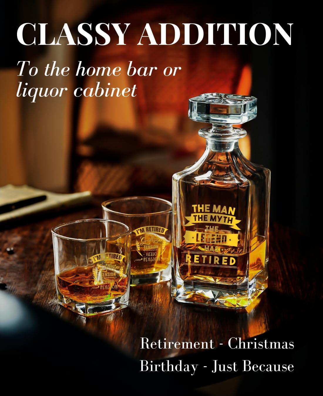Onebttl Retirement Gifts for Men, Retirement Whiskey Decanter Set, Gifts for the Retired, 25oz/750ml Decanter with Stopper and 2 Glasses for Liquor, Bourbon, Whiskey on Christmas, Father's Day - Image 3