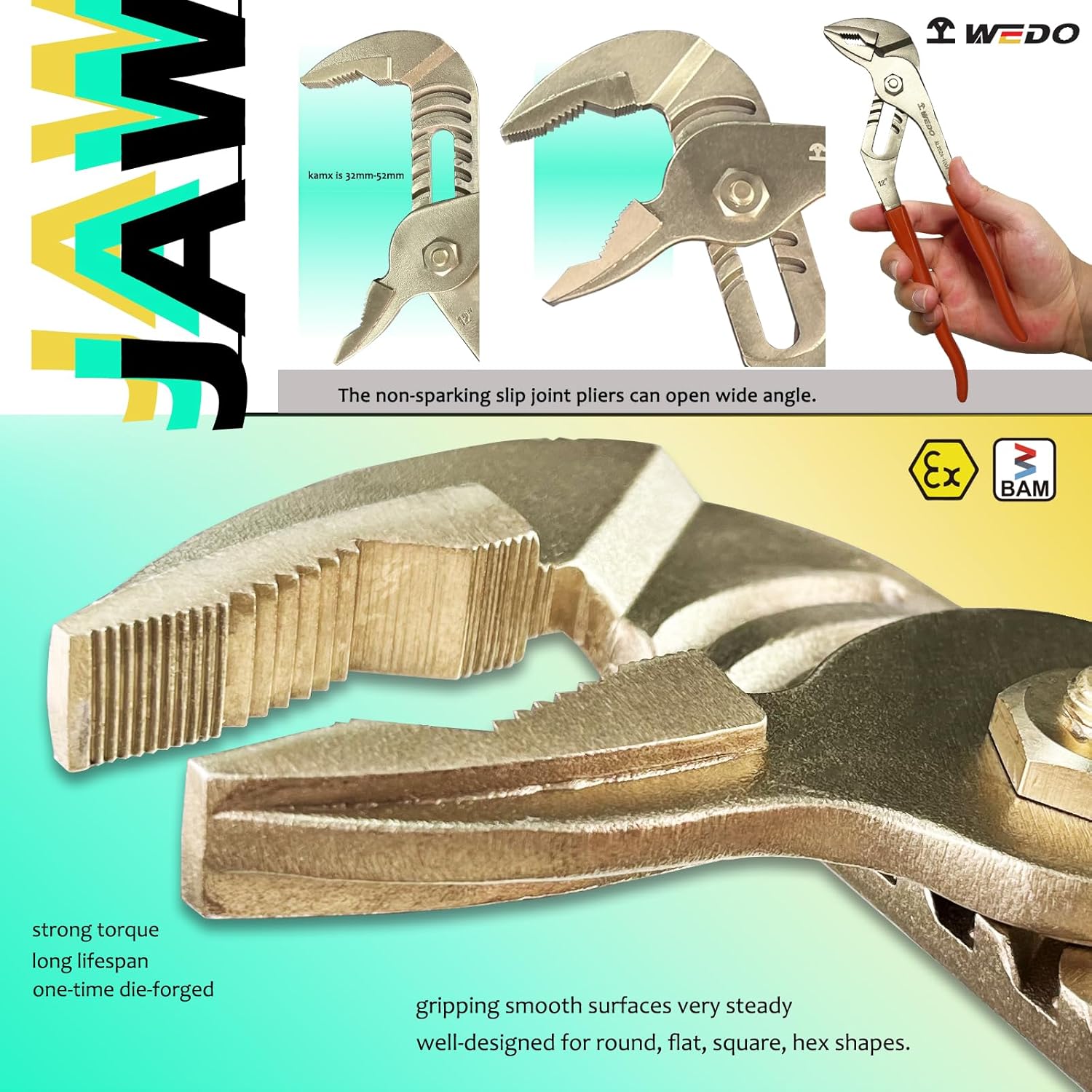 WEDO Water Pump Pliers, Slip Joint Pliers, Tongue and Groove Pliers, Length 10 inch, length 250mm, Max jaw opening 32mm, Aluminum Bronze, Non-Sparking, DIN Standard, BAM & FM Certificate