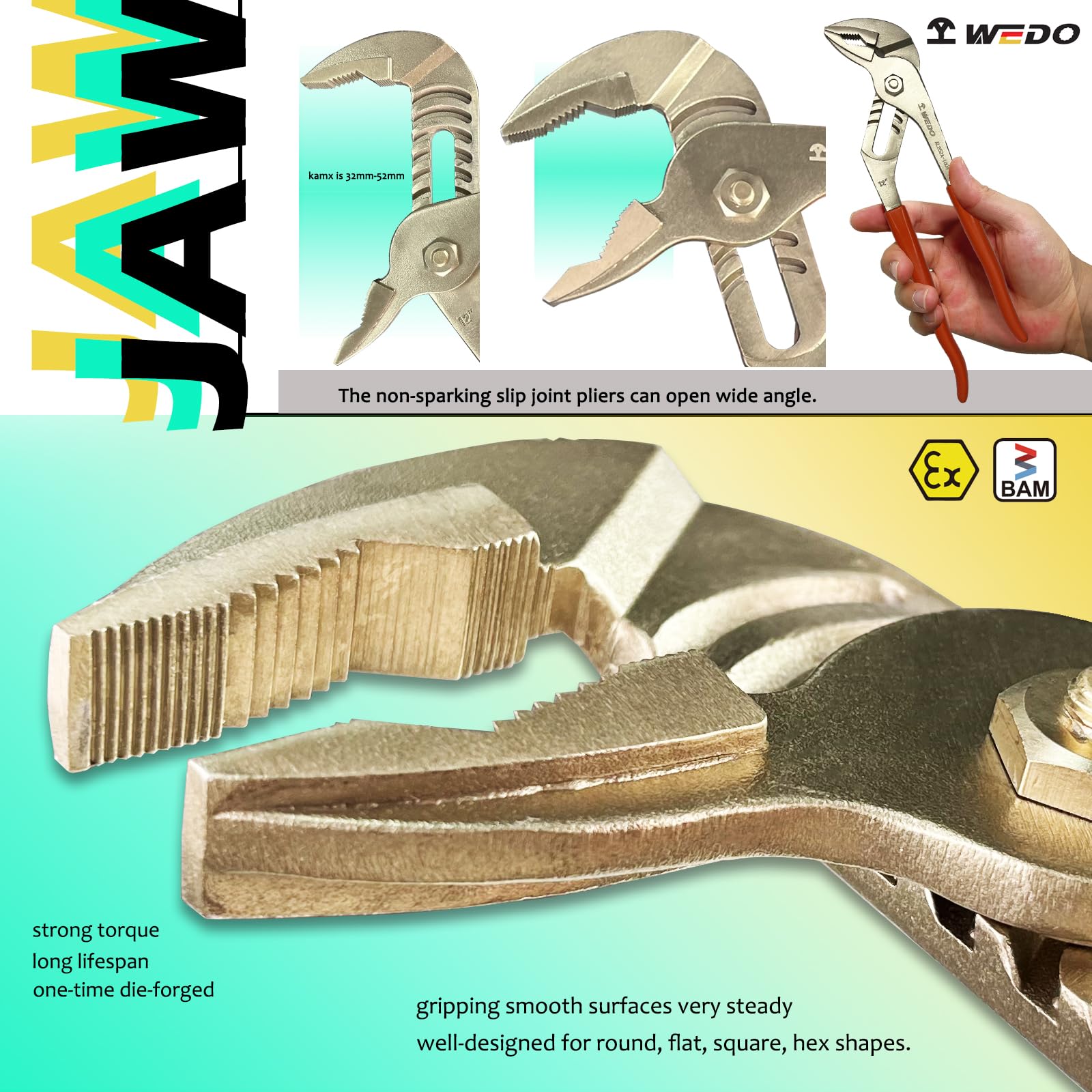 WEDO Alicates Pico Loro,300mm Ajustable Bombas de agua de Tenaza,sin chispas Alicates Extensibles con Ranura Curvada,Bronce de aluminio,resistente a la corrosión,Certificados Bam y FM