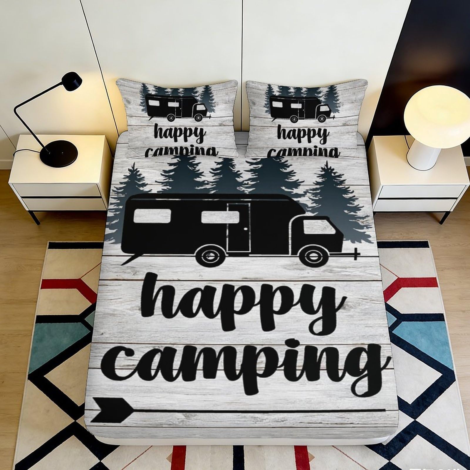 3D Printed Caravan Forest Fitted Sheet Microfiber Happy Camping Bed Cover for Bedroom Guest Room Mattress Protection Decor 160x200x25cm