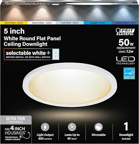 Feit Electric LED Ceiling Downlight, Dimmable Flat Panel Ceiling Light with Color Selection (5CCT), TP24 Adapter Included