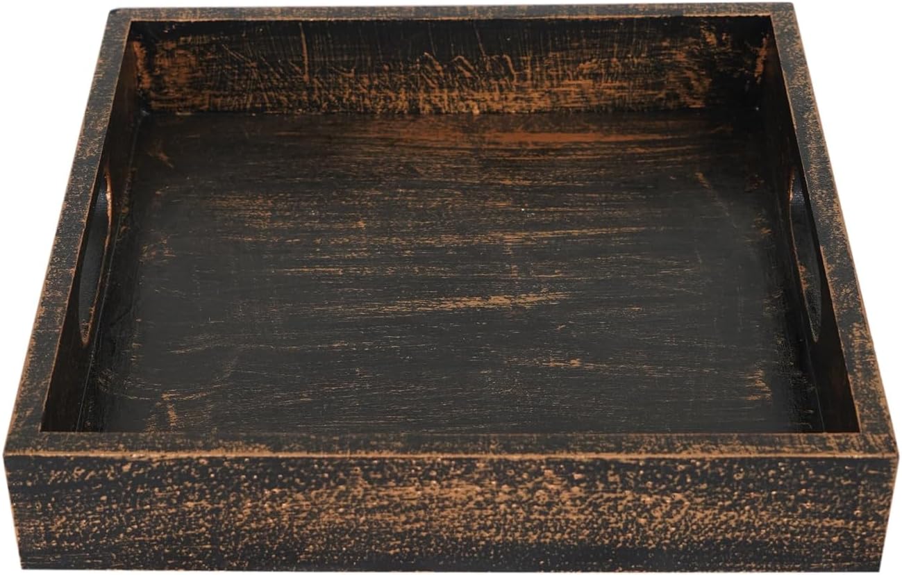 Rustic Wooden Nesting Serving Tray, Handcrafted Sqaure Tray with Handles for Coffee Table Decor, Kitchen Organization (Black)