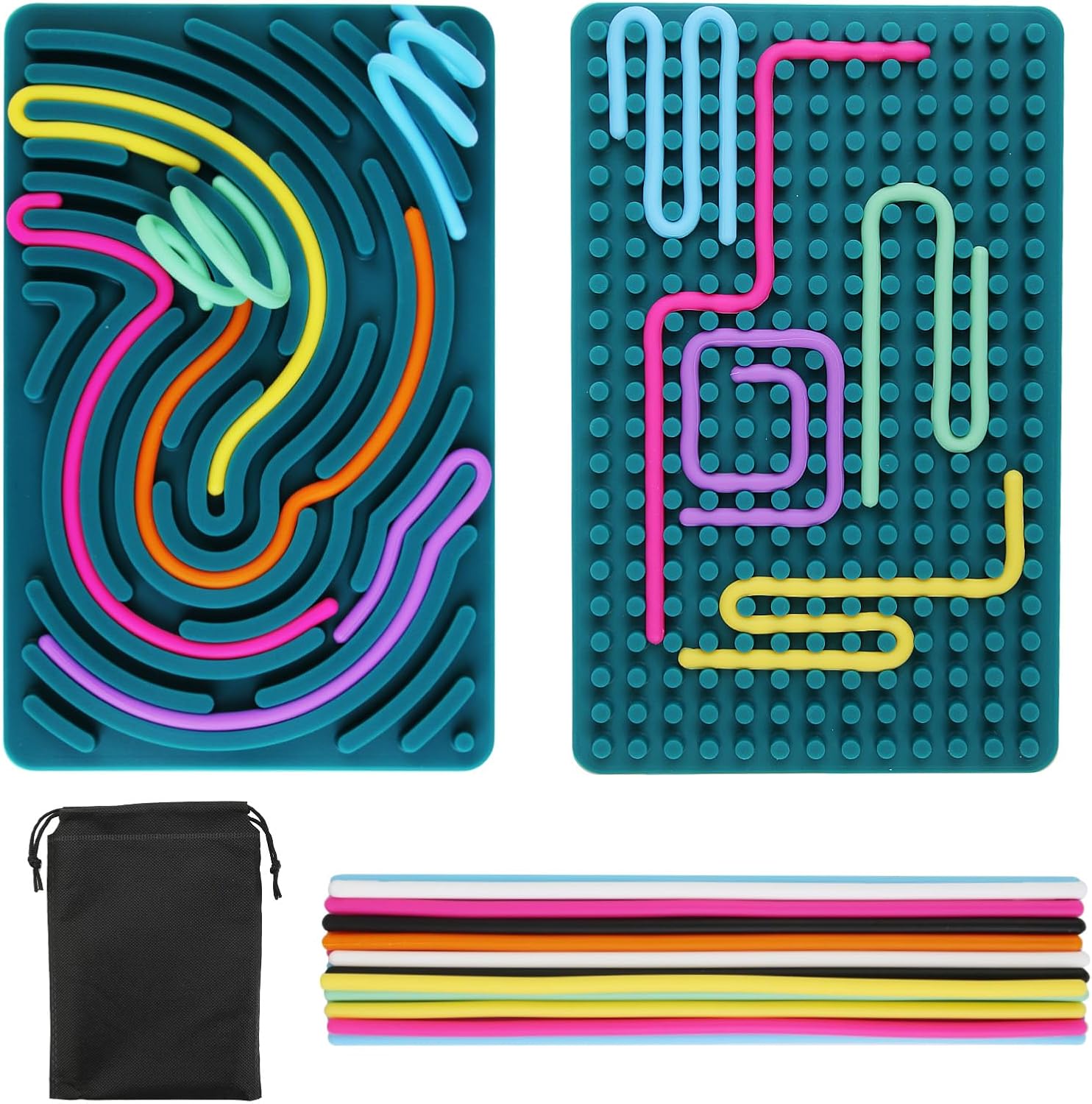 Sensory Activity Board Double Side Push Peel Sensory Boards Silicone Fidget Toy for Stress Relief, Anxiety, Calming, ADHD, Autism, Fine Motor Skill Board with Portable Storage Bag & 20 Strings (Green)