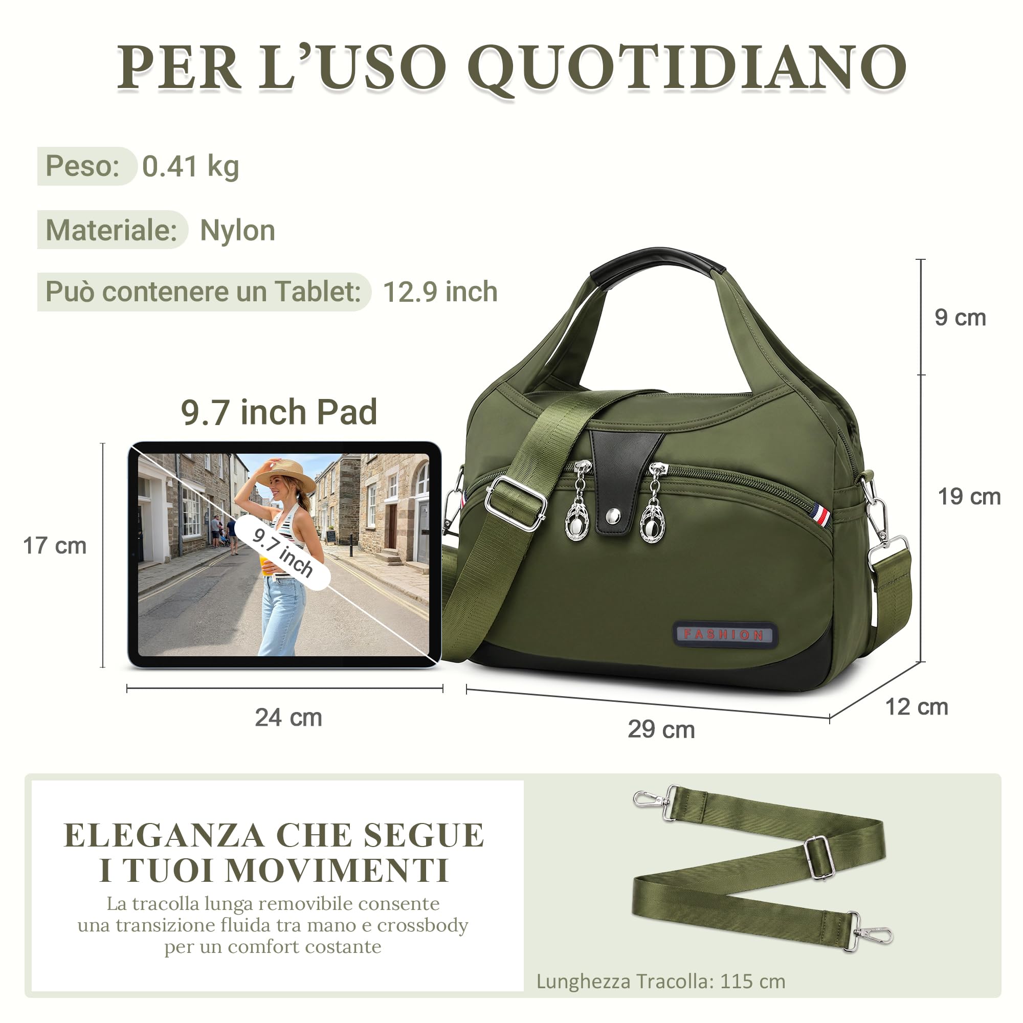 DIRRONA Borsa a Spalla Donna, Borsa a Tracolla in Nylon Leggera con Tasche Multiple, Tracolla Regolabile Borsa Donna Media per Lavoro Viaggio Uso Quotidiano Verde oliva moderno