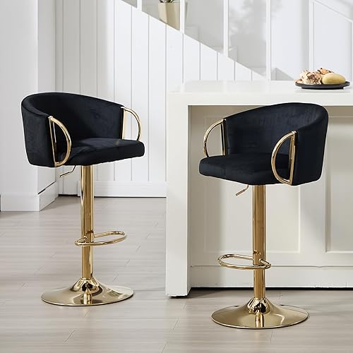 Juego de 2 taburetes de bar de terciopelo dorado, taburetes de bar giratorios modernos con respaldo, sillas de cocina de altura de mostrador