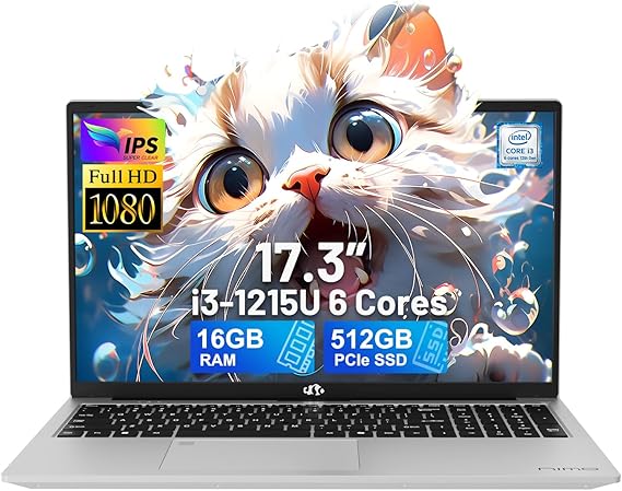 NIMO 17.3" IPS FHD-Laptop, Intel 6 Cores i3-1215U 16GB RAM 512GB SSD (Beat Ryzen 5 7520U, Up to 4.4GHz) Computer with 65W GaN Type C Fingerprint Backlit Keyboard, for Home Student and Business Silver