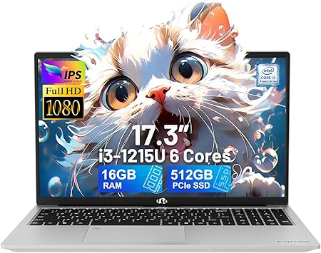 NIMO 17.3" IPS FHD-Laptop, Intel 6 Cores i3-1215U 16GB RAM 512GB SSD (Beat Ryzen 5 7520U, Up to 4.4GHz) Computer with 65W GaN Type C Fingerprint Backlit Keyboard, for Home Student and Business Silver