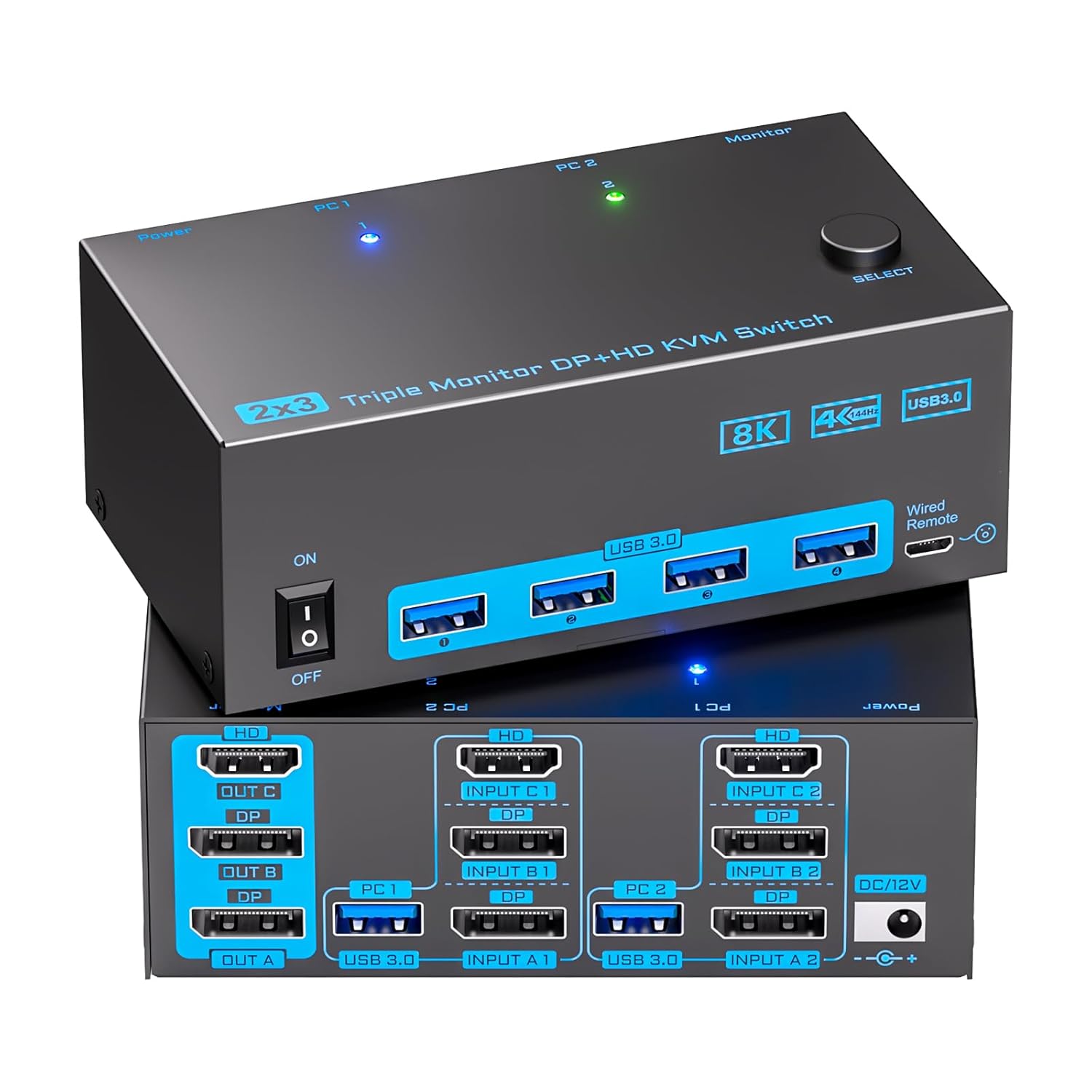 3 Monitors 2 Computers KVM Switch, Reyoten 8K KVM Switches,3 Monitors 2 Computers HDMI DP Switch, 4K Switch for 2 PCs Share Monitor Keyboard Mouse Printer with 2 USB Cables, Power Adapter