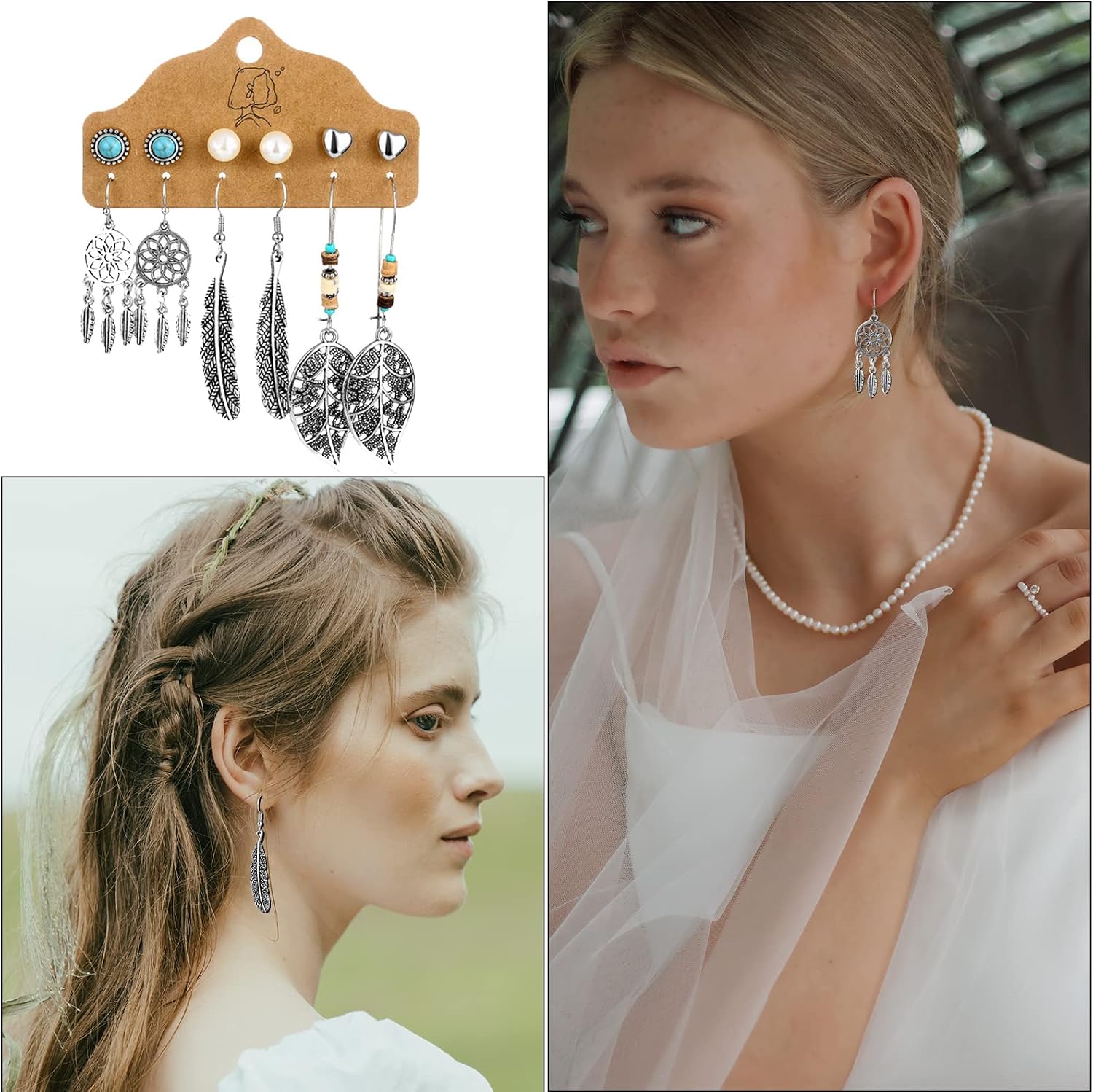 12 works Bohemian Earrings, Retro Boho Drop & Dangle Earrings with Leaf Shape & Metal Hollow Pendant Design - Image 5
