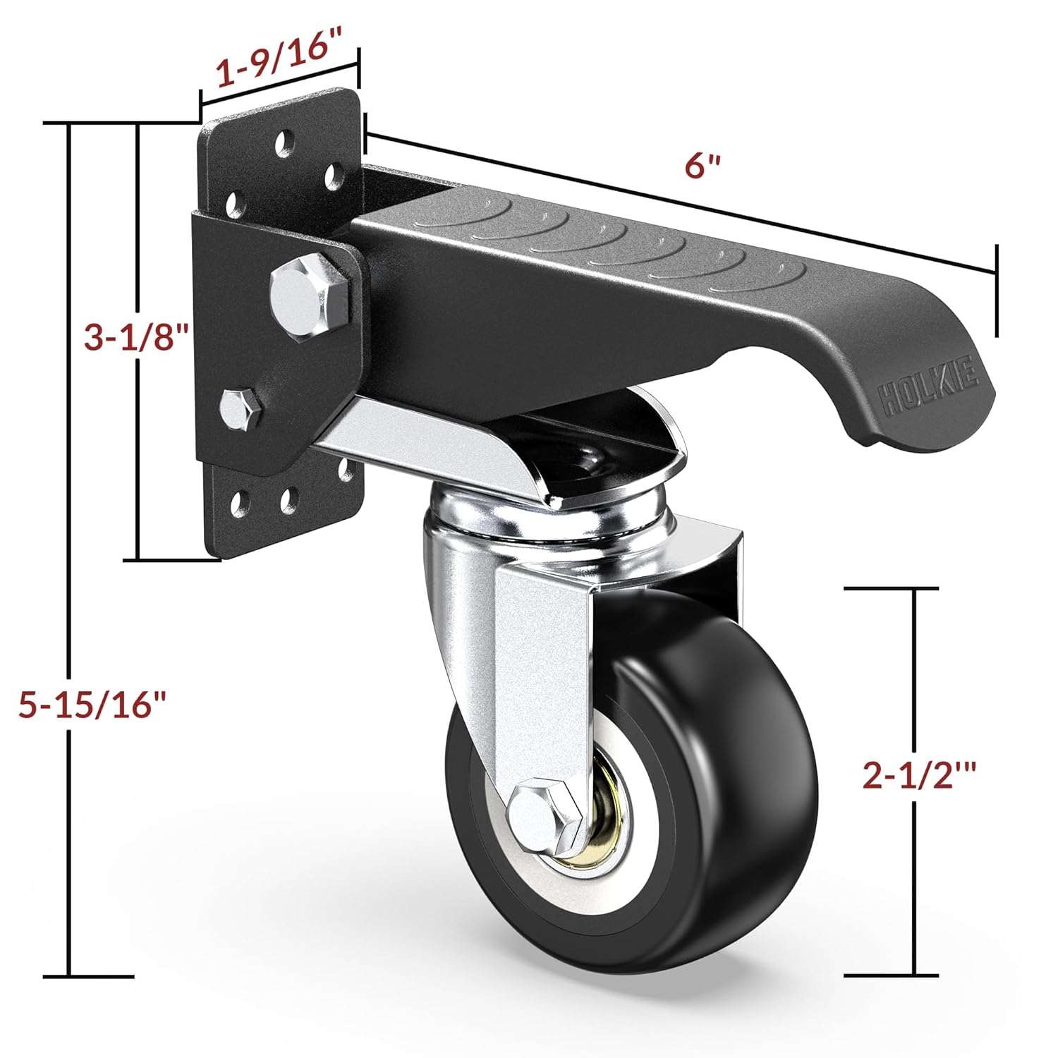 Diagram showing detailed dimensions of the HOLKIE retractable caster, including mounting plate height, pedal length, and wheel diameter.