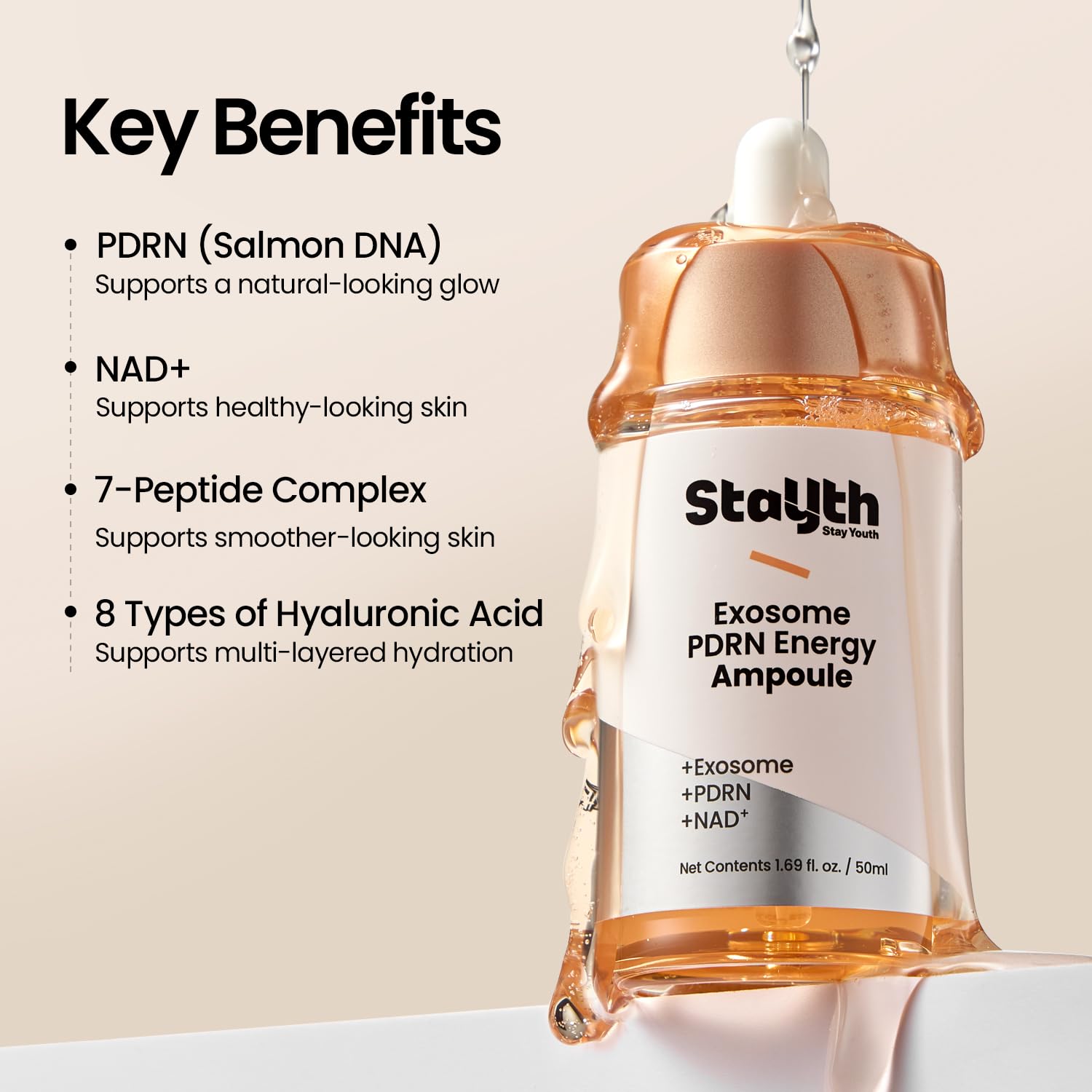 Skin Renewal Ampoule with PDRN & Peptides, Hydrating Korean Ampoule, Lightweight Korean Serum with Hyaluronic Acid & Exosome for Smooth, Healthy-Looking Skin, NAD+, 50ml