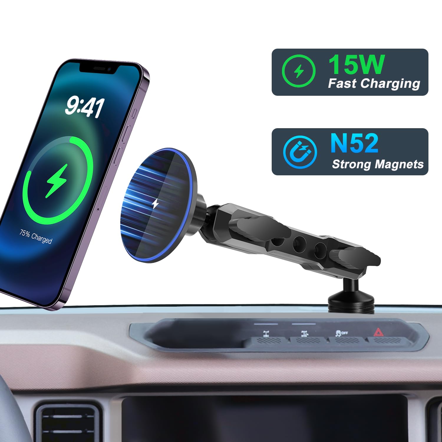 Supporto magnetico per telefono di ricarica wireless per Ford Bronco 2021-2026 2/4 porte | Magsafe - Supporto per cellulare per Ford Bronco, accessorio Bronco con cavo da 1,5 m, non per Bronco Sport