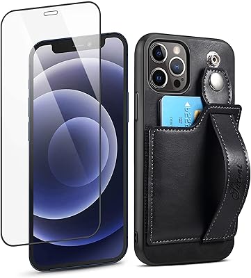 iPhone 12 Case Wallet, iPhone 12 Pro Wallet Case with Card Holder, SINIANL Leather Kickstand Card Slot Case with Screen Protector, Wrist Hand Strap Protective Cover for iPhone 12/12 Pro 6.1 inch Black