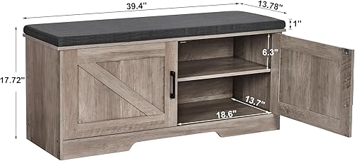 Miniatura 3 de Banco de almacenamiento de 2 niveles, banco de zapatos con cojín de asiento acolchado, banco de entrada con 2 puertas de granero, estante ajustable,