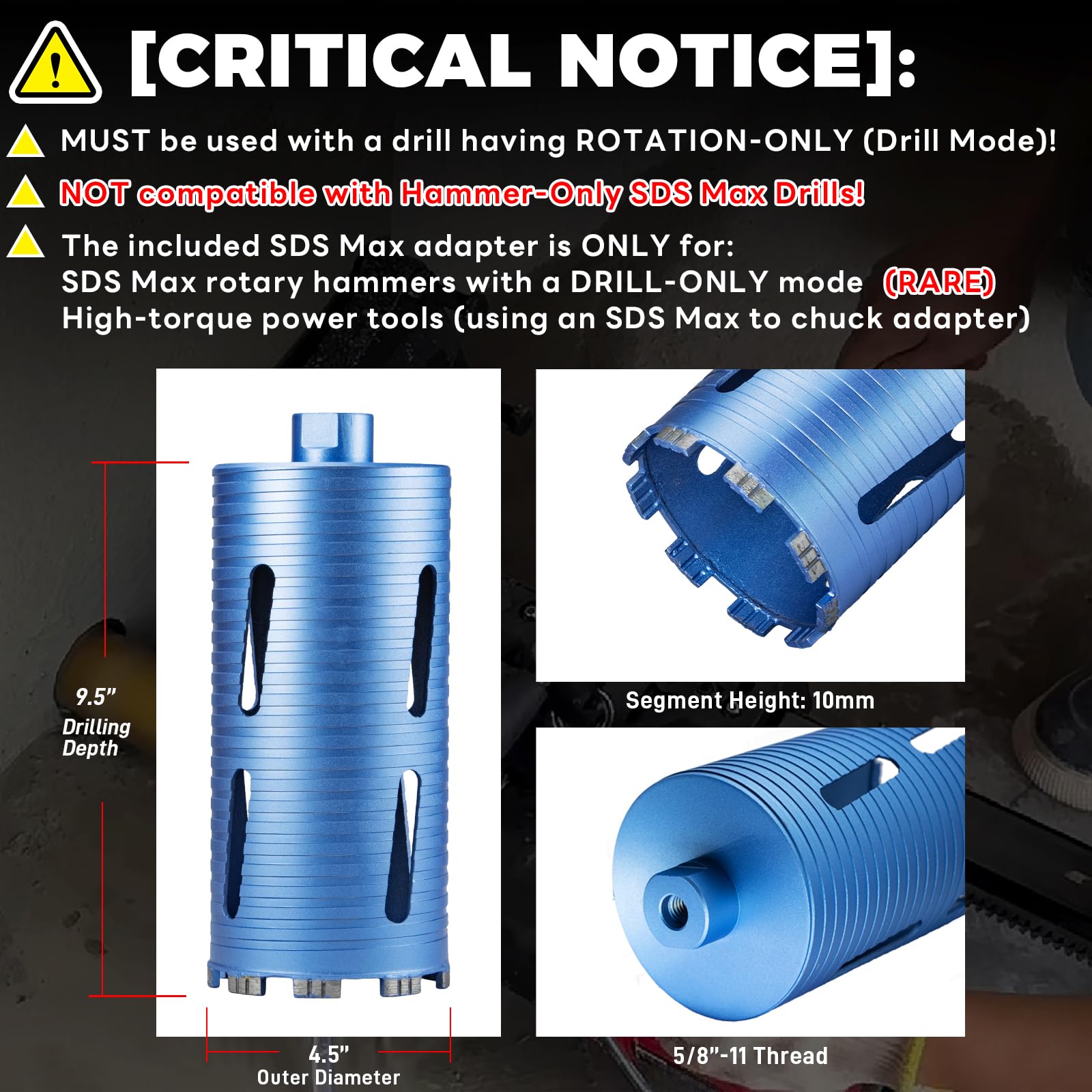 Wiertło rdzeniowe 1/2", gwint 5/8" do 11, w zestawie 3 adaptery: SDS Plus, SDS Max i trzpień sześciokątny 1/2 cala, głębokość wiertła 2,5 cm, wiertła