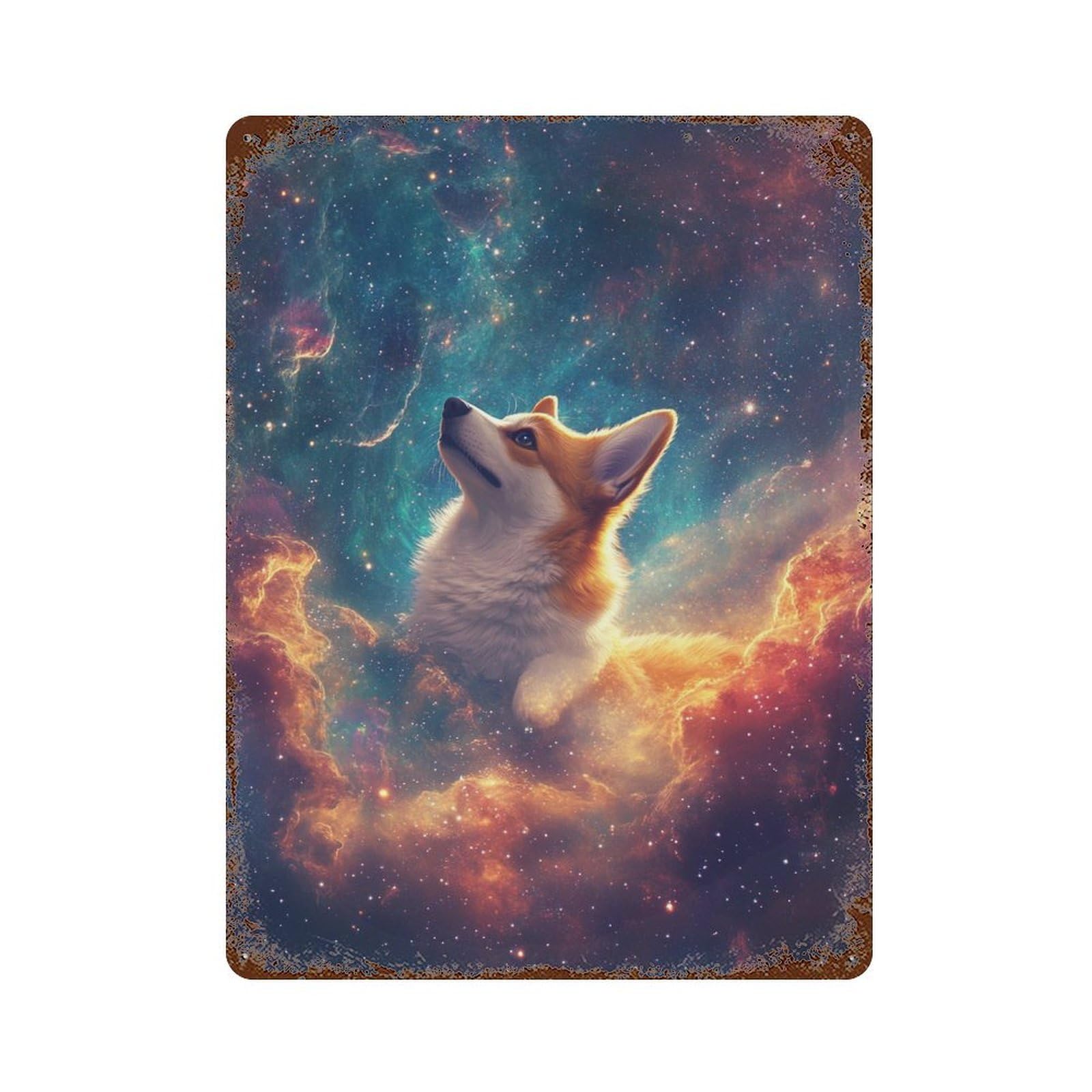 Decorative Tin Sign with Cosmic Corgi Adventure Design 15.7"x11.8", for Farmhouse, Kitchen And Entryway Decor, Decorative Metal Wall Art
