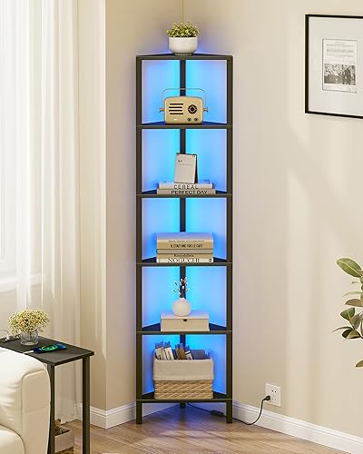 TUTOTAK Corner Shelf with LED Light, 6-Tier Corner Bookshelf for