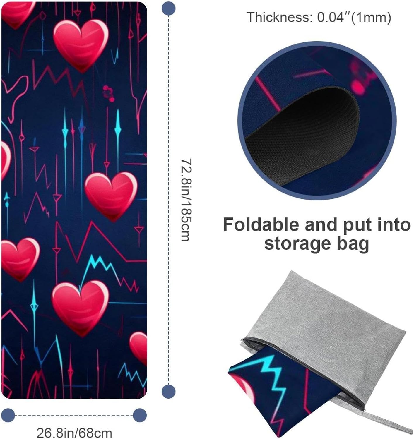 Yoga Towel, Love Heart Pattern Non Slip Sweat Absorbent Hot Yoga Mat Towel for Hot Yoga, Pilates and Fitness - 72.8" x 26.8"