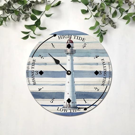Beach Scene Nautical Tide Clock - Ocean Theme Wooden Tidal Clock With Shells and Sea Animals - Rustic Coastal Decor for Beach House Kitchen - 10 Inch