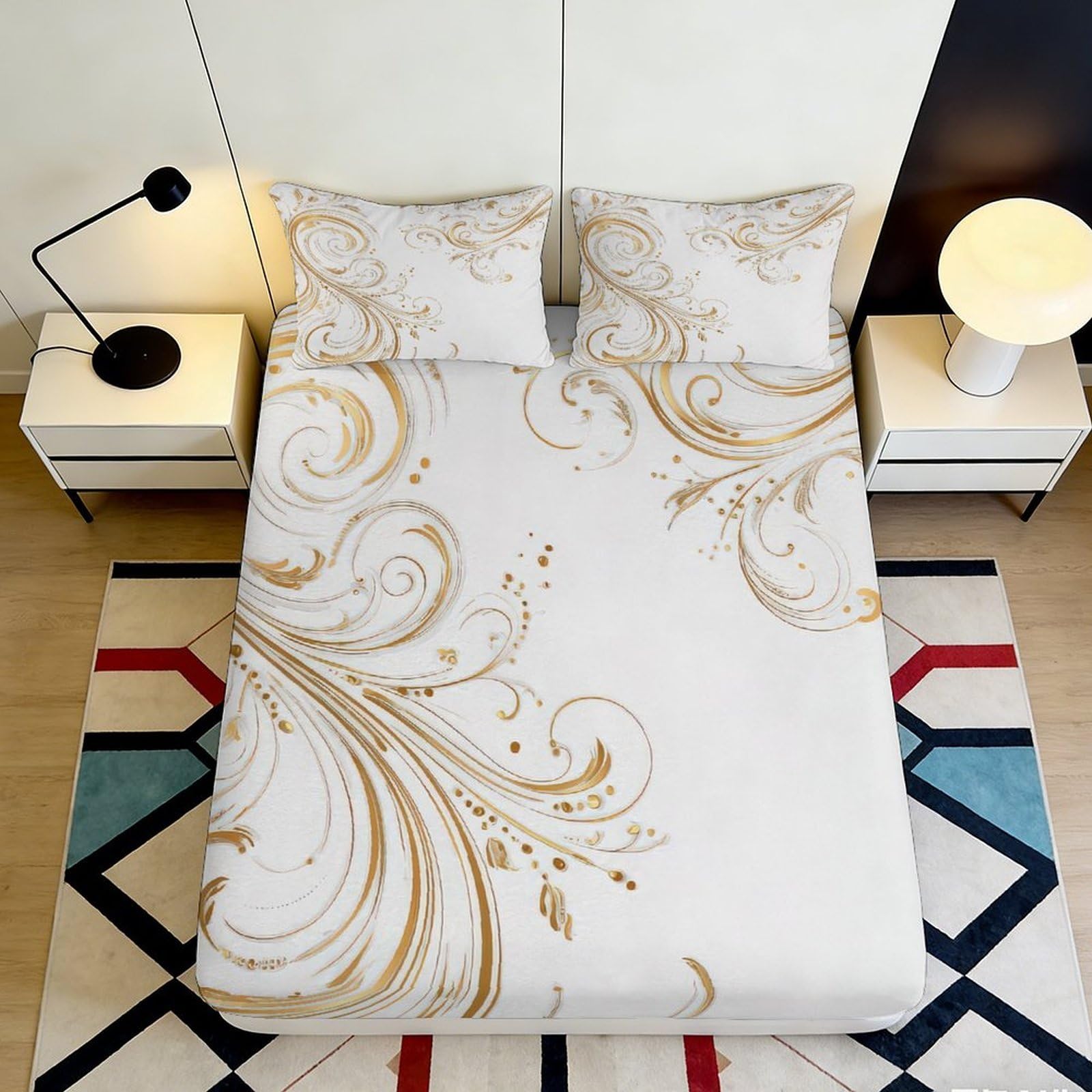 3D Printed Golden Baroque Fitted Sheet Microfiber Decorative Swirl Pattern Bed Sheet for Bedroom Guest Room 90x200x25cm