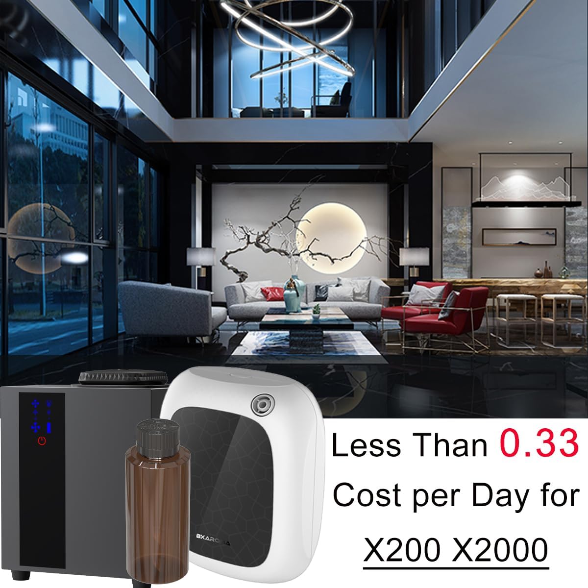 DIFFMELY Napoleon Scent Oil bottle next to X200 and X2000 diffusers in a room setting