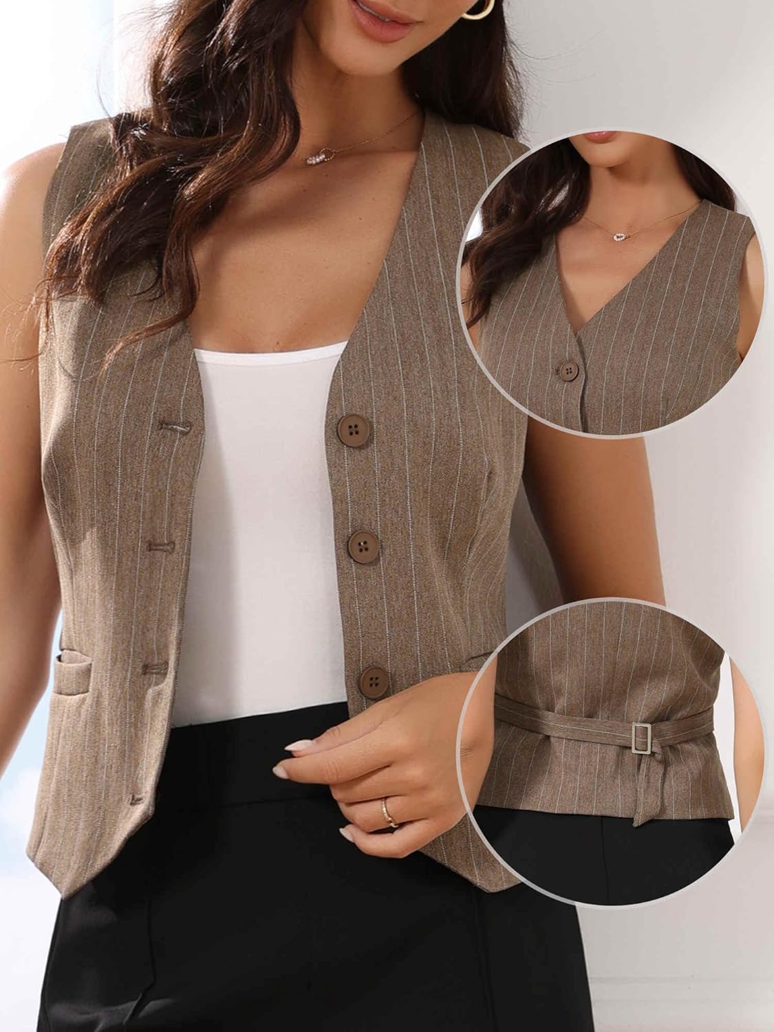 Allegra K Vest Tops for Women V Neck Sleeveless Button Down Striped Trendy Waistcoat Top Ladies Business Casual Outfits - Image 2