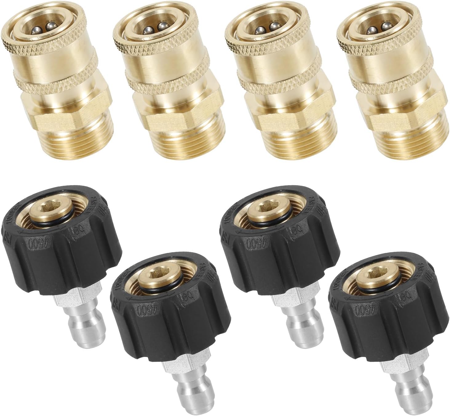 8pcs 1/4 Pressure Washer Quick Connect Kit Stainless Steel M22-14mm to 1/4inch Quick Connector Kit 4500PSI Max Safe Water Hose Connect Fittings Pressure Washer Fittings (NOT for 15mm Fittings)