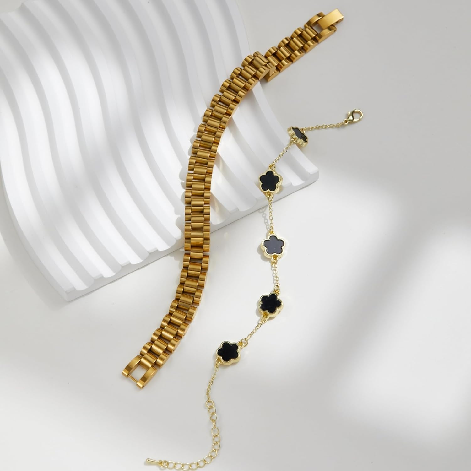 14K Gold Plated Watch Strap Chain Bracelet with Clover Lucky Bracelet for Women Stainless Steel Chunky Link with Link Remover Tool Flower Four Leaf Trendy Jewelry Gifts - Image 3