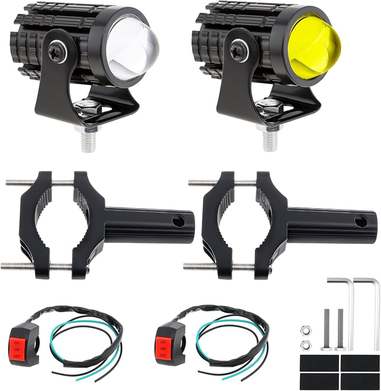 Motorcycle Spotlights Mount Brsackets Kit, Hi/Lo Beam LED Auxiliary Lights | Simple 3-wire install.Small but bright.Dual color for all weather. Driving fog light with tube clamps for e-bike scooter ATV
