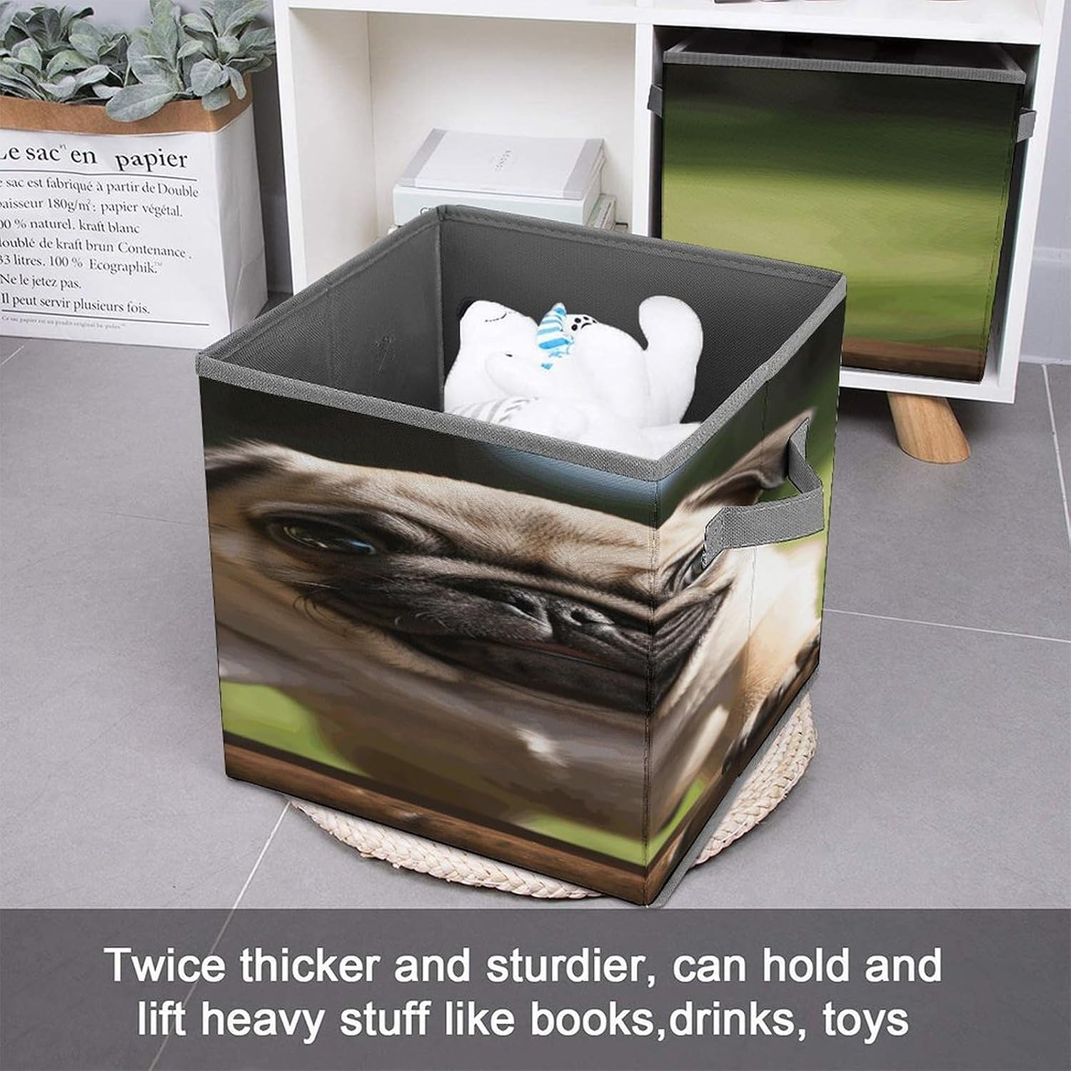Pug Puppies Fabric Bins Storage Basket Square Baskets | Storage Bin with Double Handles,Cube Collapsible Organizers for Organization,Closet,Shelves,Offices
