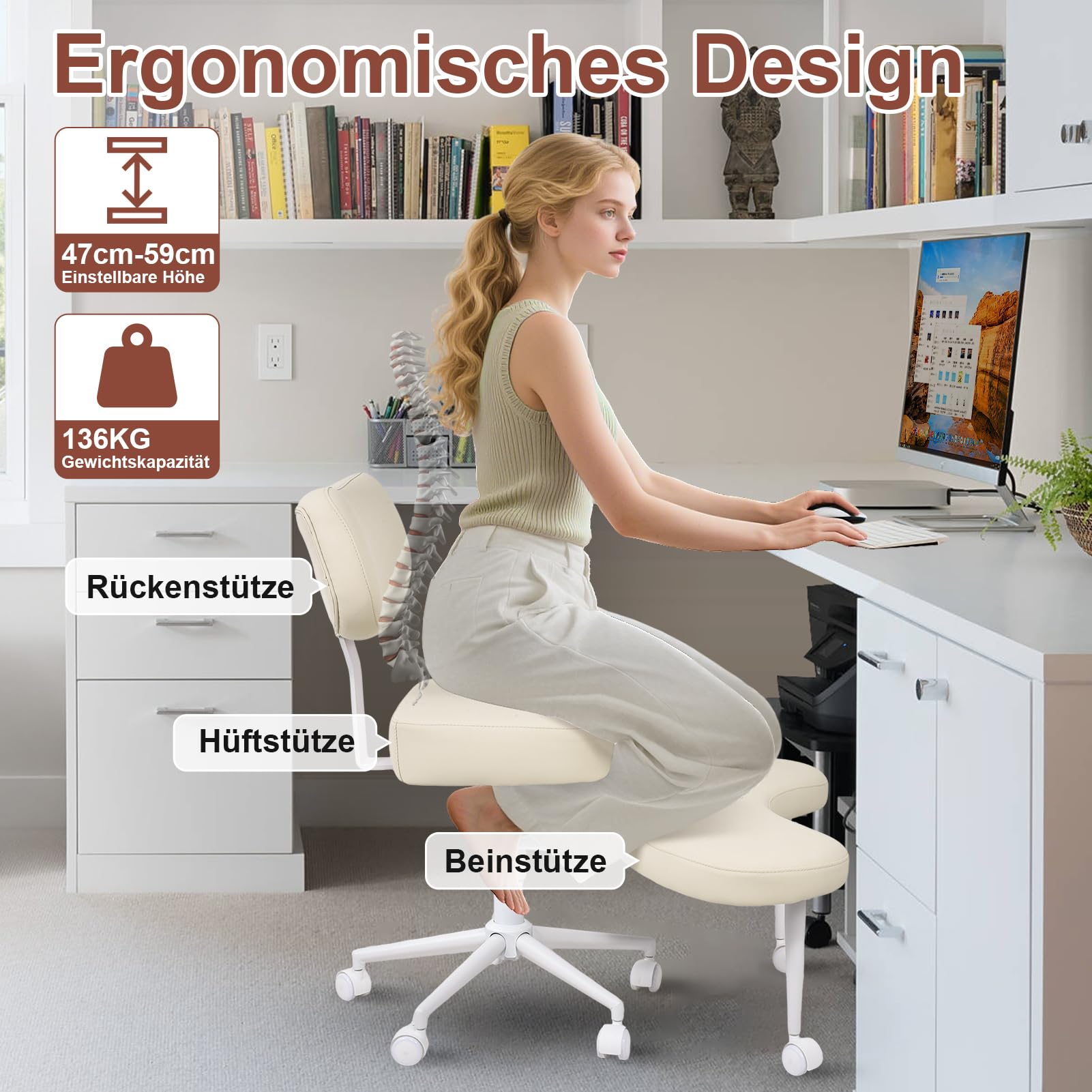 Nuova sedia da meditazione, sedia da ufficio con gambe incrociate e ADHD con ruote, supporto ergonomico per schiena e gambe, seduta regolabile in altezza per meditazione, home office, forte supporto