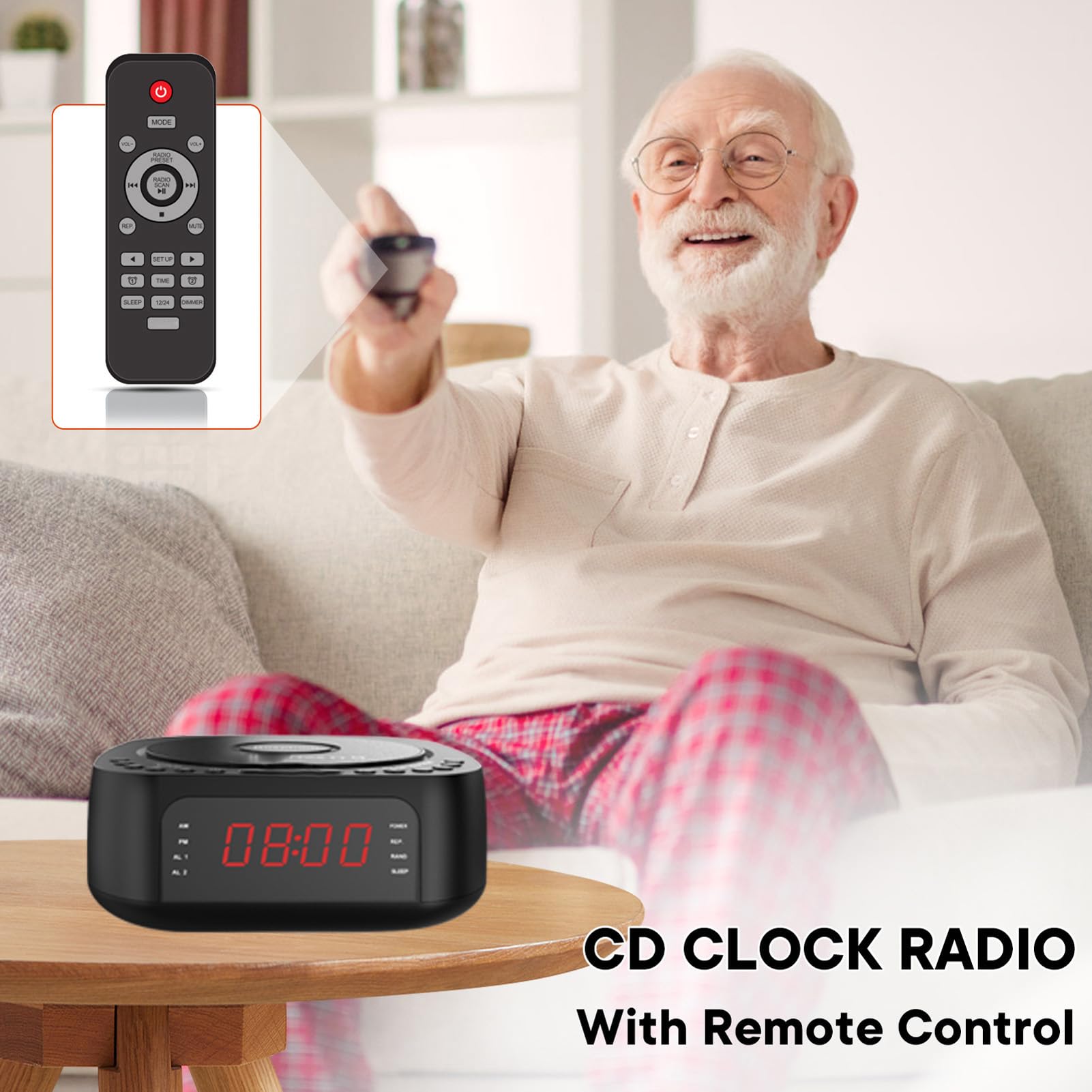 ciciglow Odtwarzacz CD Radio z Budzikiem, Stacjonarny Odtwarzacz CD z Bluetoothem i Przyciemnianym Wyświetlaczem, Radioodtwarzacz z Głośnikiem i Pilotem do Sypialni (wtyczka UE)