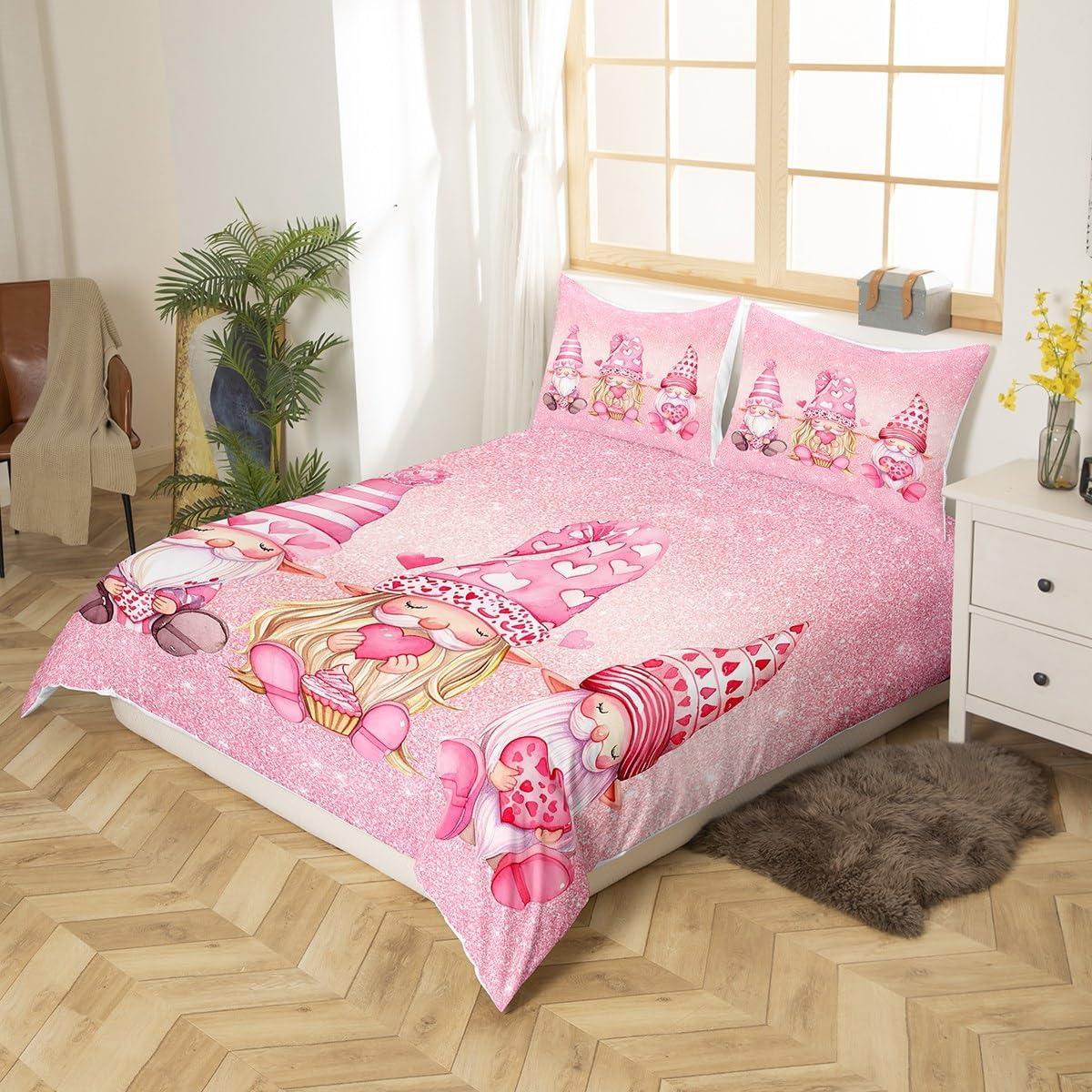 Cartoon Gnome Bedding Set Kawaii Pink Gnomes Comforter Cover Girly Glittering Print Duvet Cover Room Decor Valentine's Day Theme Bedspread Cover Full Bedding Collection 3Pcs,No Comforter