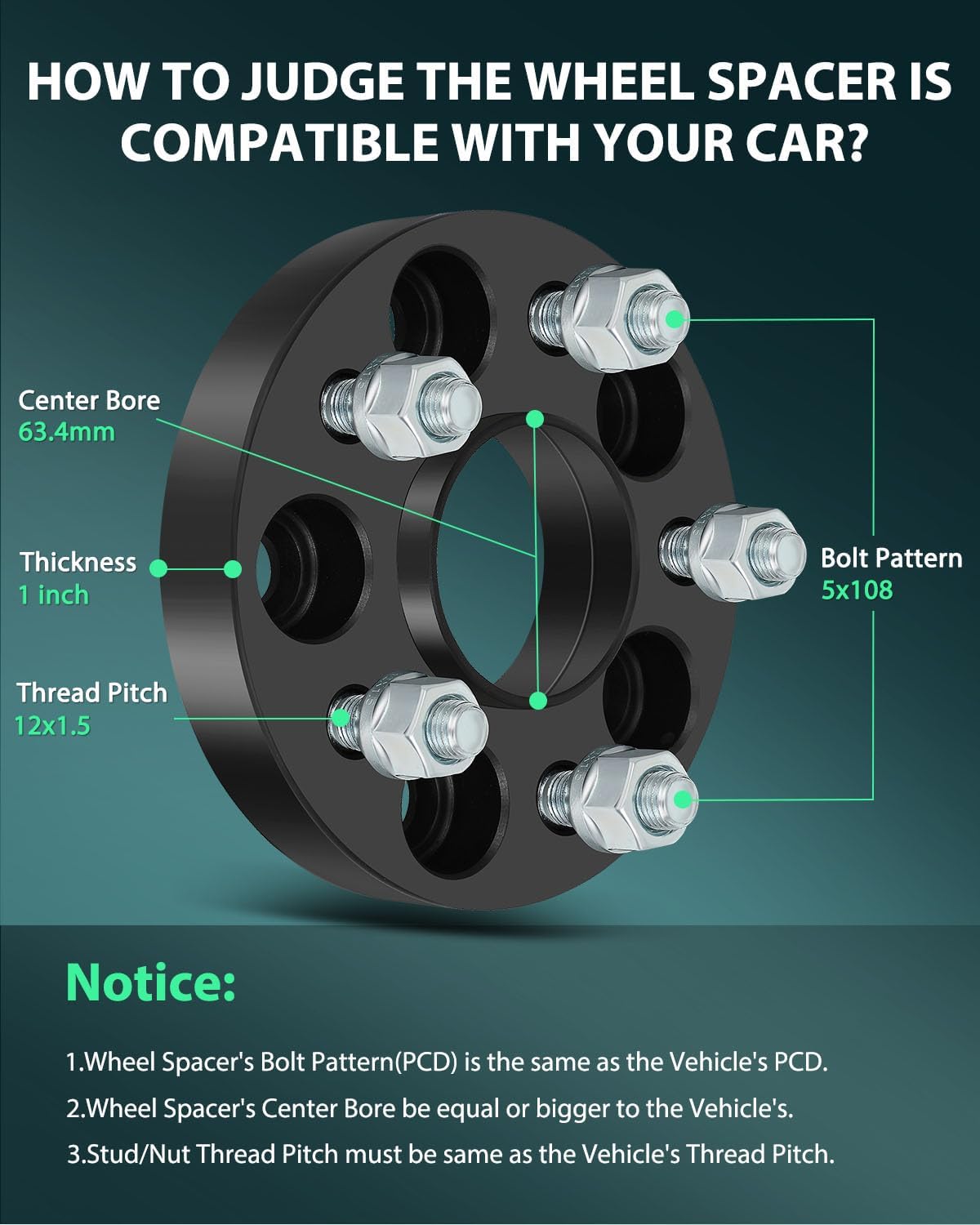 SCITOO 4Pcs 5x108 Wheel Spacers 1 inch Bore 63.4mm Studs 12x1.5 5 Lug Wheel Spacers Fit for Lincoln Corsair 2020-2022,for Jaguar XF 2009-2022