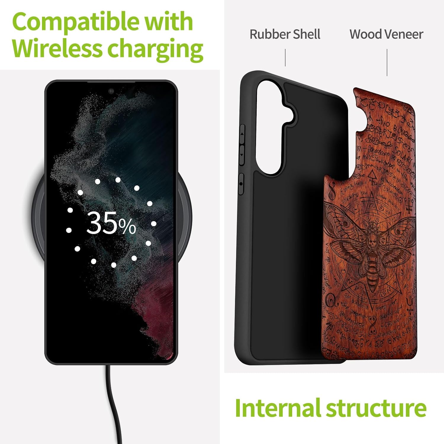 Carveit Wood Case for Galaxy S24 Plus Case [Natural Wood & Black Soft TPU] Shockproof Protective Cover Unique Wooden Design Compatible with S24 Plus (Death's Head Moth-Rosy)