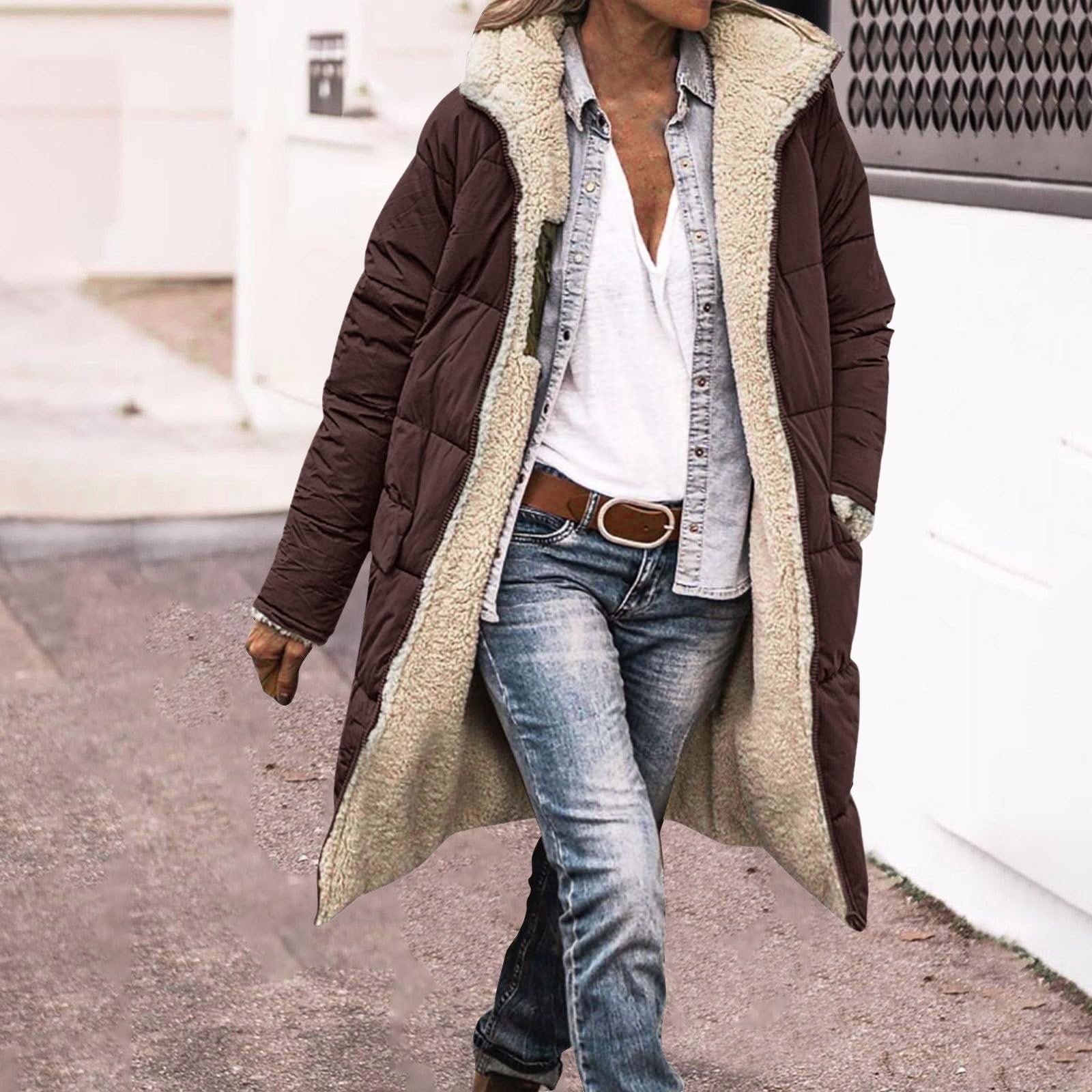 Piumino da donna foderato lungo con cappuccio | giacca trapuntata impermeabile softshell giacca invernale con cerniera | piumino per giacche da donna leggero con cappuccio alla moda giacca invernale