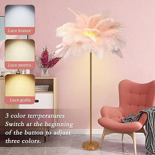 Miniatura 3 de GOYQGLE Lámpara de pie de plumas de avestruz rosa lámpara de pie con acabado dorado luz de pie de palmera regulable con interruptor de pie lámpara
