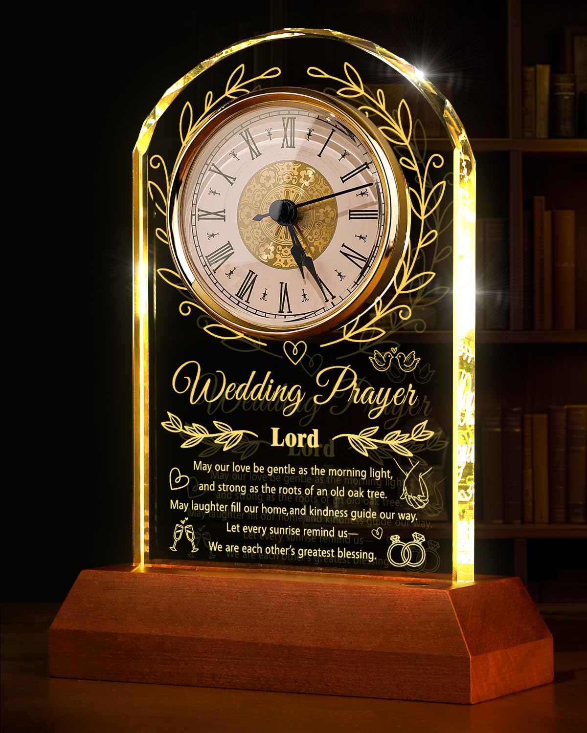 Reloj de cristal para parejas 2026 con base de luz de madera, regalo de matrimonio de feliz aniversario, regalo único de compromiso para recién casados, señor y señora