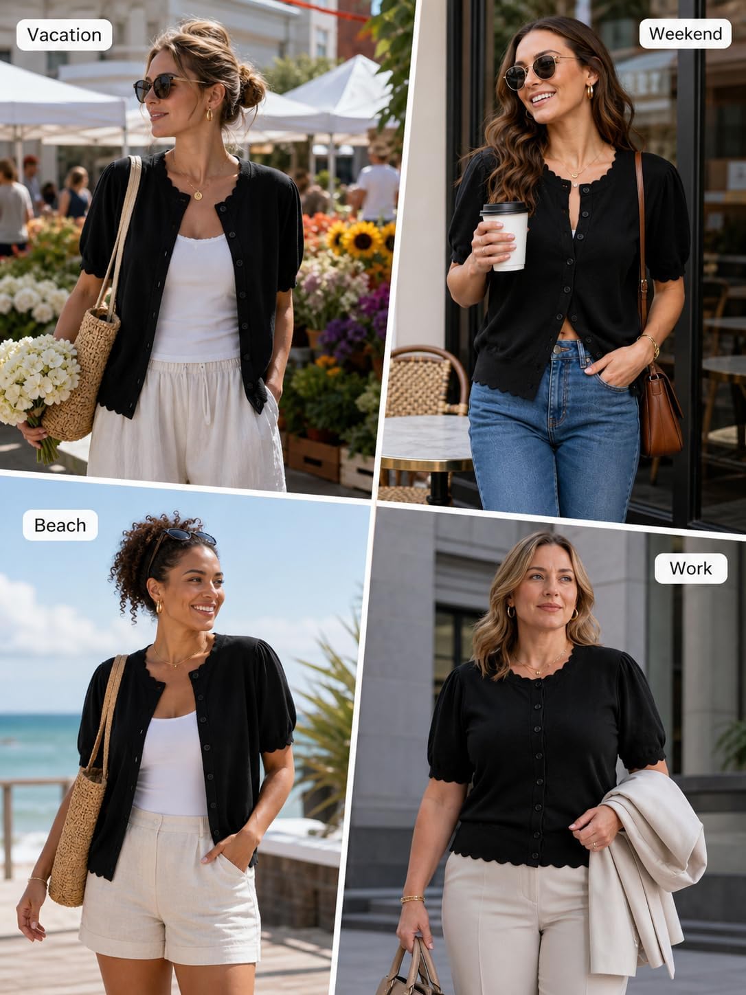 Cardigan Sweaters for Women Short Sleeve Knit Tops Scalloped Crewneck Puff Sleeves Button Up Cardigan 2026