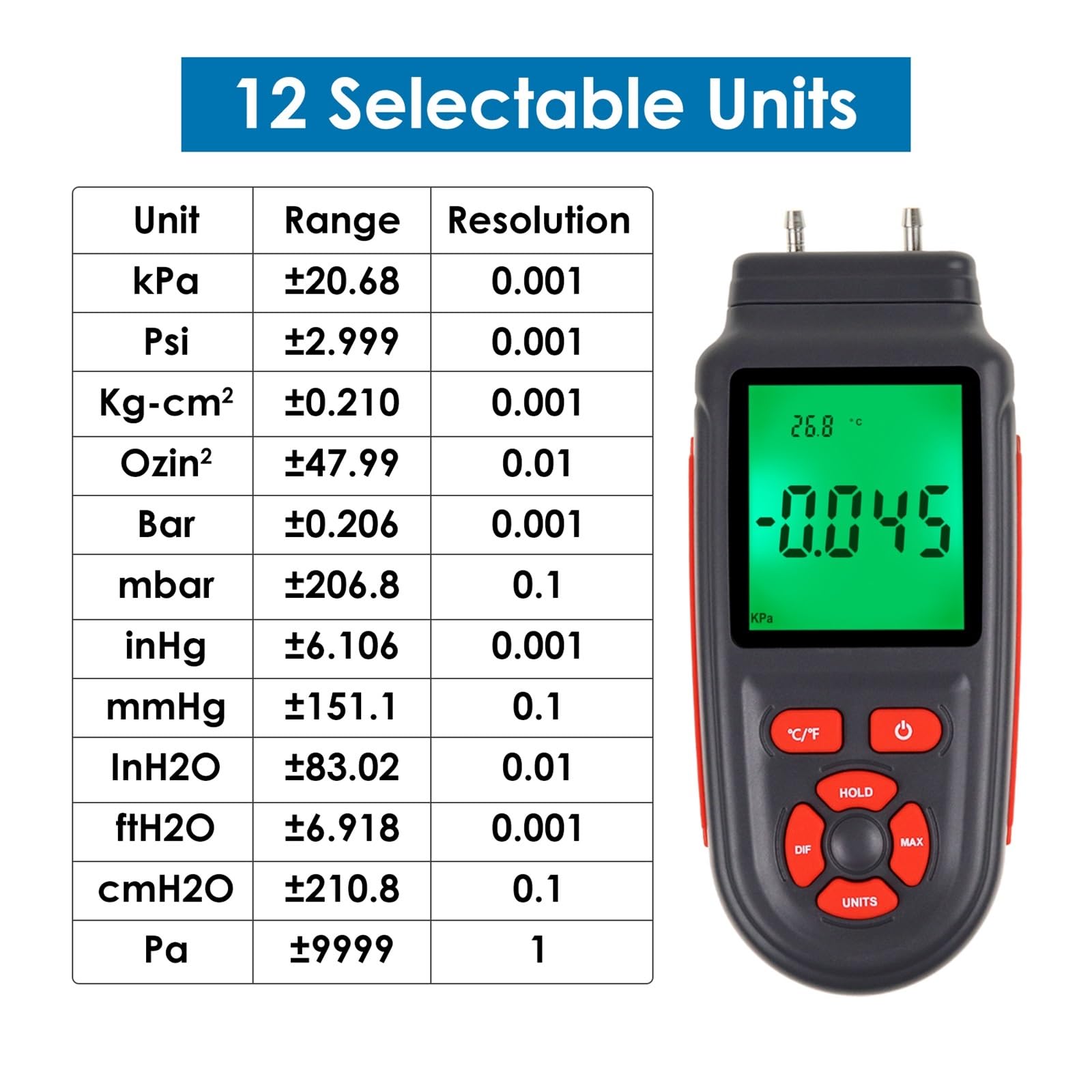 Probador de presión gas digital Manómetro Pantalla LCD grande con retroiluminación 12 unidades seleccionables Función almacenamiento datos