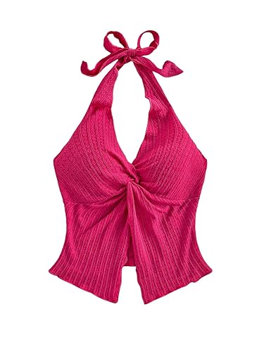 SHENHE Women's Twist Front Tie Halter Neck Split Hem Backless Summer Going Out Crop Top