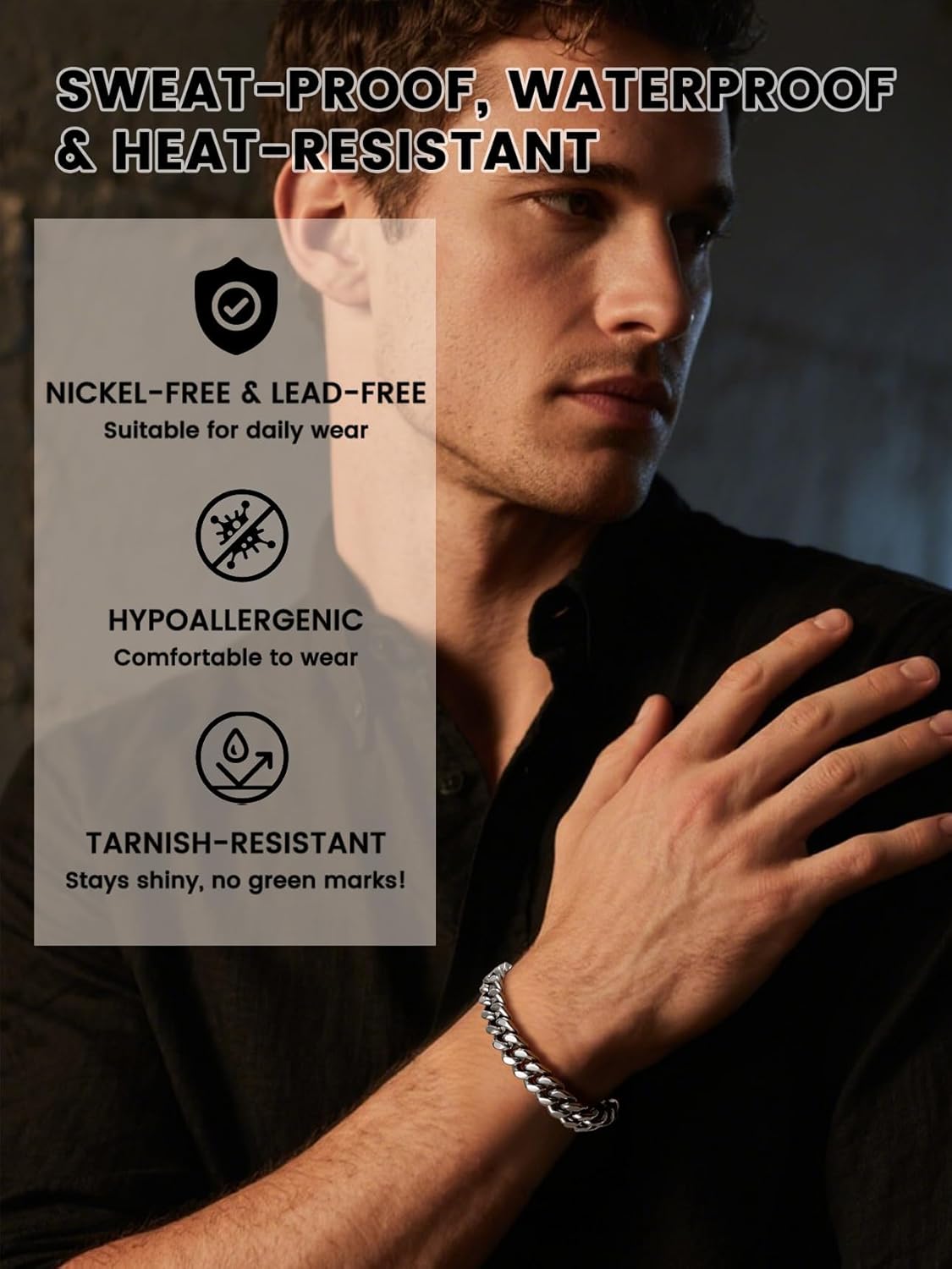 Bestyle Thick Mens Cuban Link Chain Bracelets, Durable Real 18K Gold/Black Metal Plated Solid Stainless Steel Hand Chain Cuban Bracelets for Men, Silver Black Gold Bracelets for Father Husband - Image 3