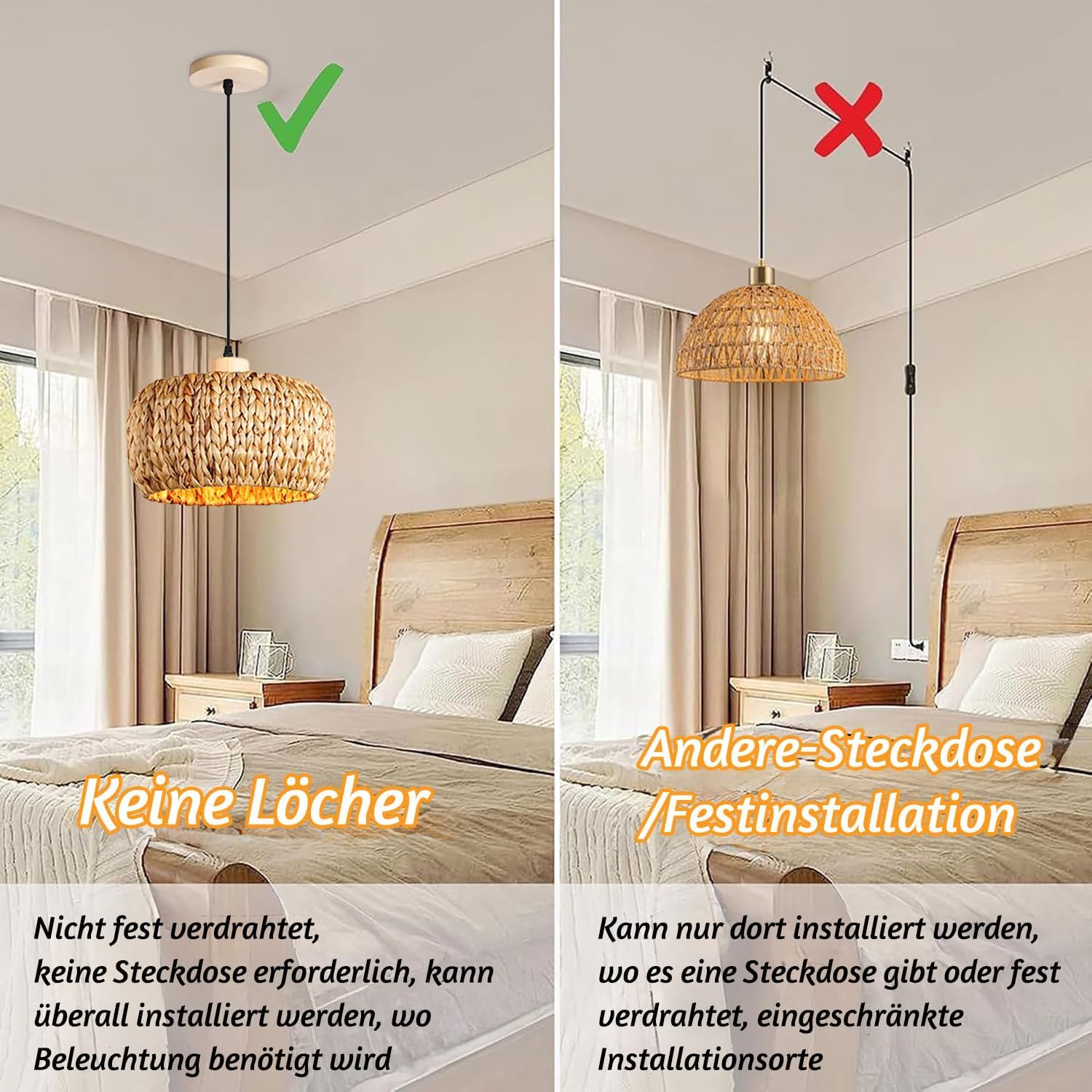 KZT E27 Hängelampe mit Batterie Glühbirnen Vintage Boho Rattan Lampe RGB Pendelleuchte Dimmbar mit Fernbedienung Hängeleuchte Natürlich Bambus und Holz Retro Pendellampe für Schlafzimmer Esszimmer