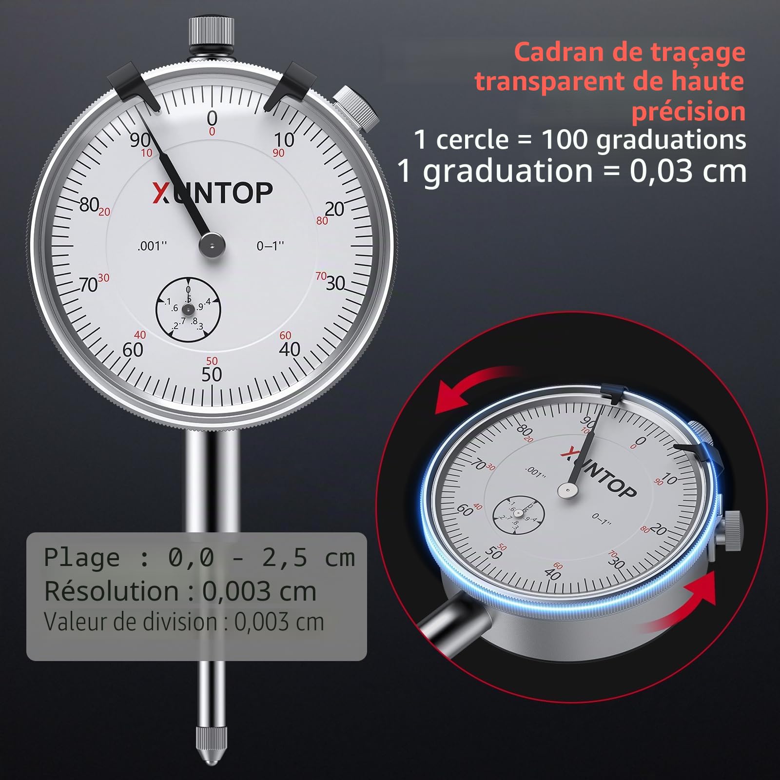 XUNTOP Comparateur Mécanique 0-20mm avec Support Magnétique 60kg Haute Précision 0.01mm Indicateur à Cadran pour Tour Fraiseuse Réglage Machine Outil Métrologie pour Usinage Bois Métal