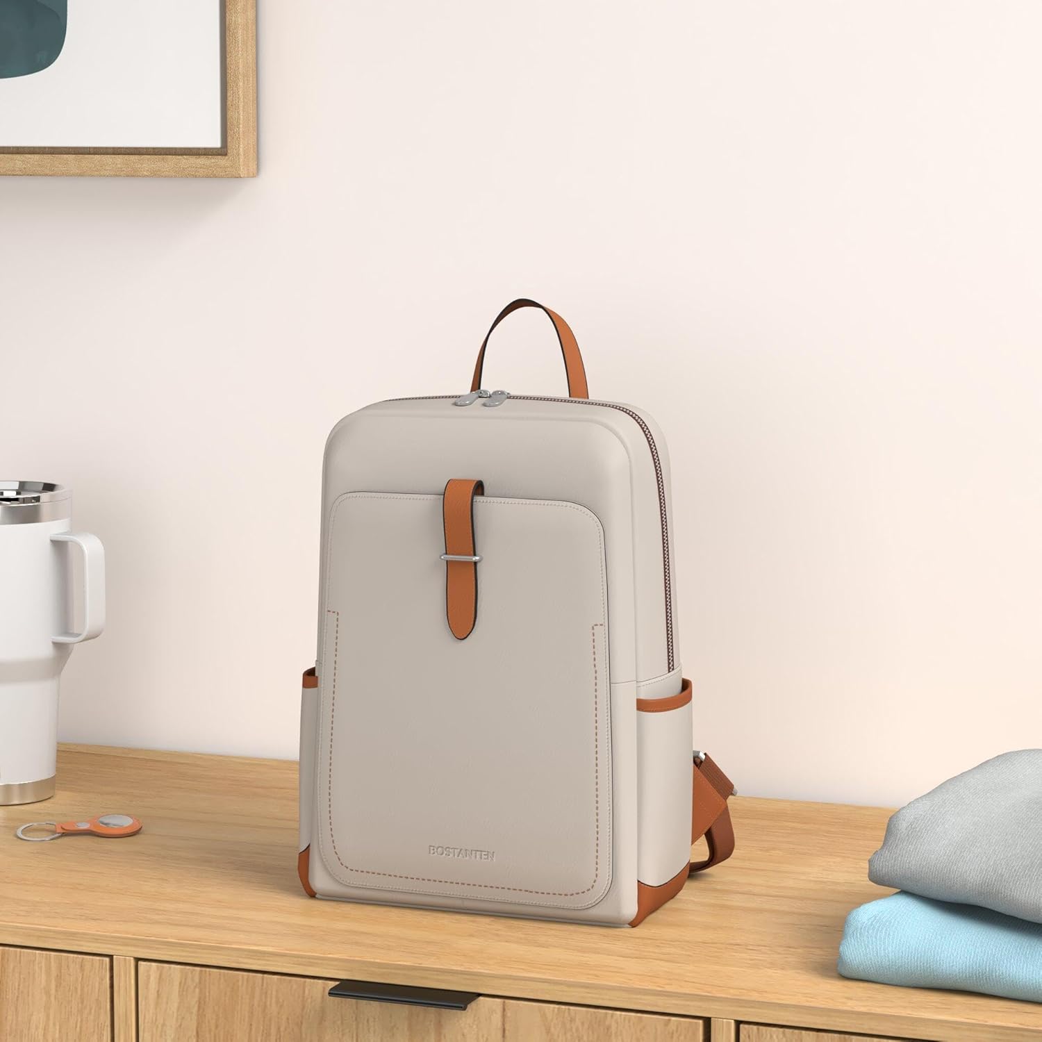 BOSTANTEN Leather Laptop Backpack for Women,15.6 inch Computer Backpack Purse College Daypack Work Travel Bag Beige-White - Image 2