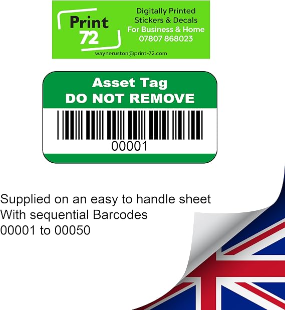 Asset Number Tag Quality Control Labels - 50 Stickers 38mm x 22mm Green