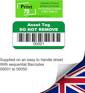 Asset Number Tag Quality Control Labels - 50 Stickers 38mm x 22mm Green