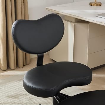 Cross Legged Office Chair, Ergonomic Meditation Chair for Home Office, PU Leather ADHD Desk Chair with Wheels, Lumbar Support, Flexible Active Sitting Stool for Focus & Wellness, Black