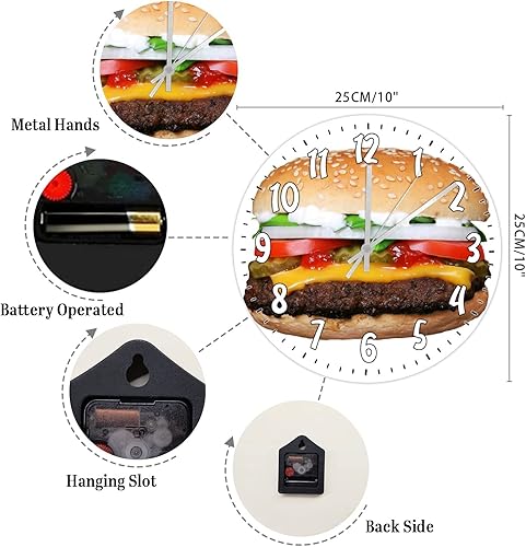 Miniatura 2 de Reloj de pared para hamburguesa, divertido, aperitivos, madera, redondo, de 10 pulgadas, rústico, elegante, silencioso, sin tictac, funciona con